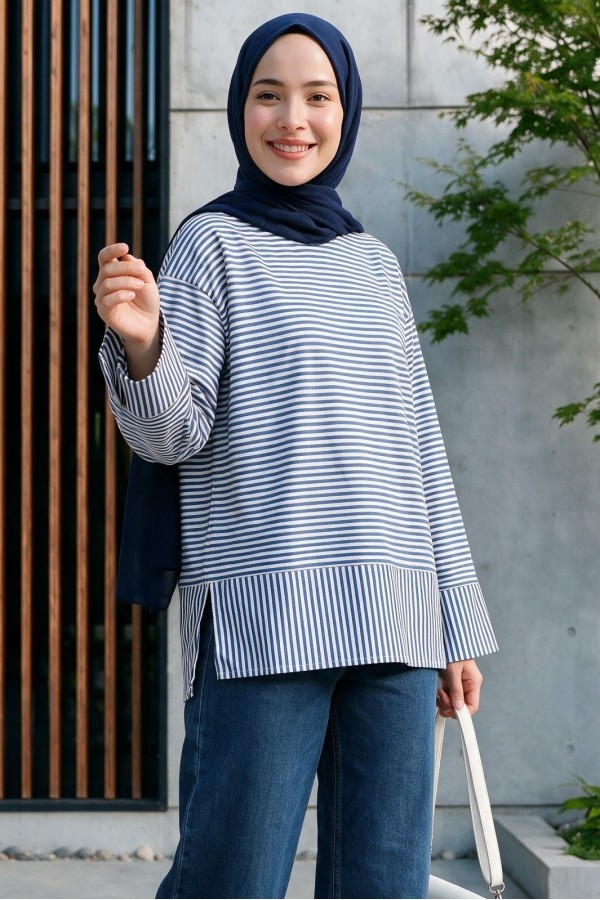 Crew Neck Slit Striped Viscose Sweatshirt -İndigo