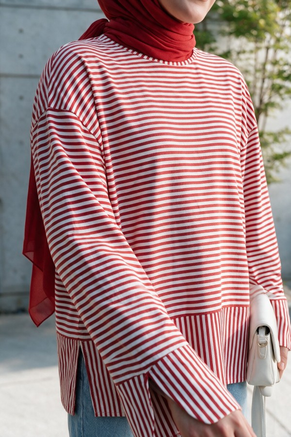 Crew Neck Slit Striped Viscose Sweatshirt -Red