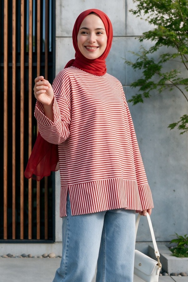 Crew Neck Slit Striped Viscose Sweatshirt -Red