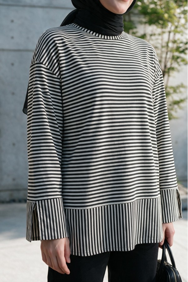 Crew Neck Slit Striped Viscose Sweatshirt -Black