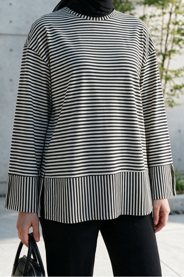Crew Neck Slit Striped Viscose Sweatshirt -Black