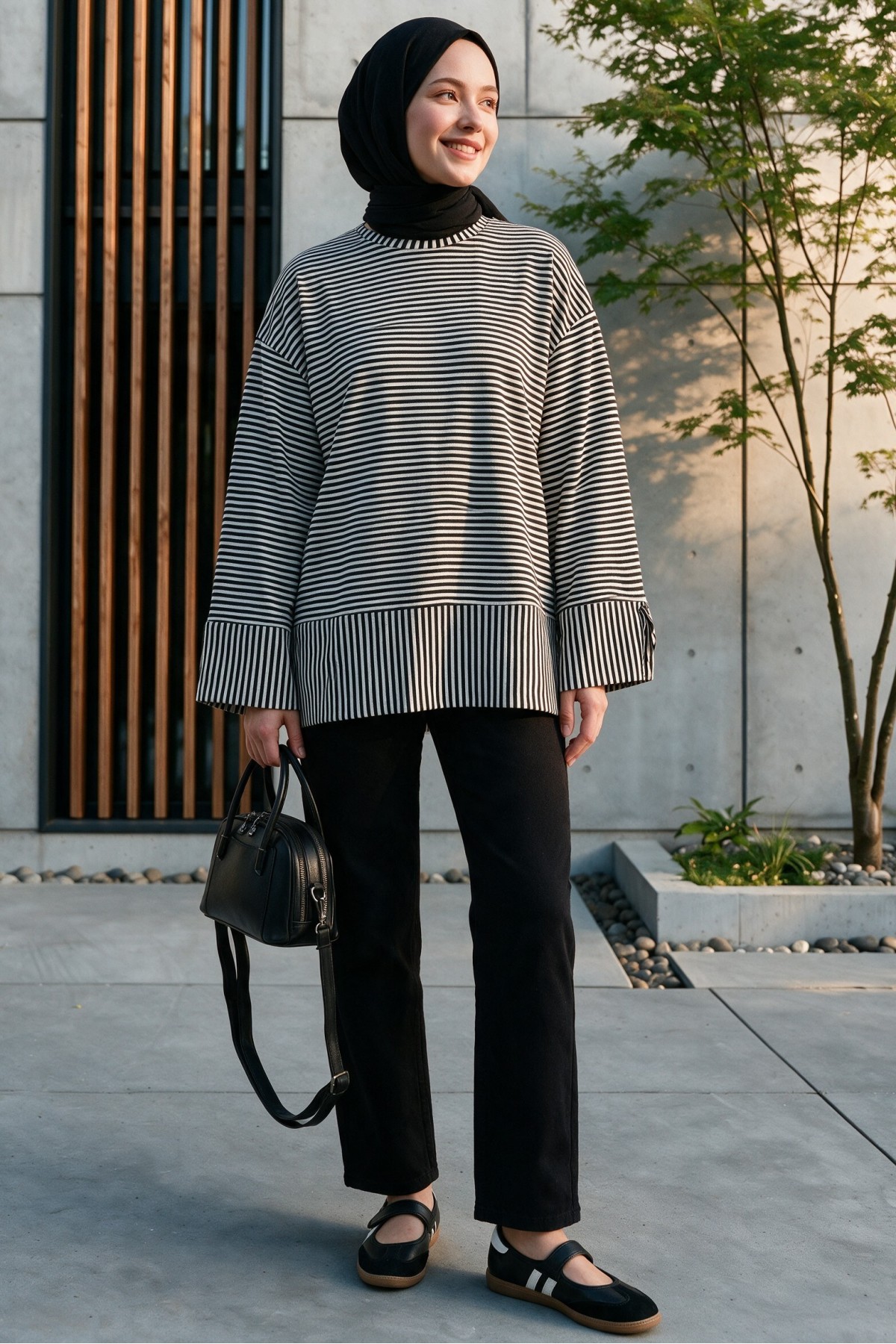 Crew Neck Slit Striped Viscose Sweatshirt -Black detay görseli