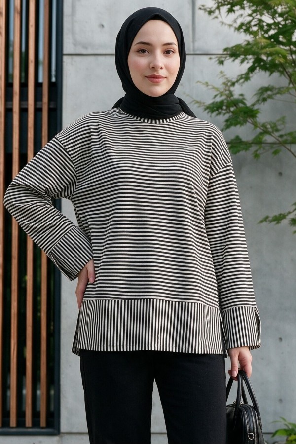 Crew Neck Slit Striped Viscose Sweatshirt -Black