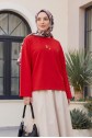 Round Neck Loose Fit Jersey Blouse with Floral Embroidery on the Front -Red