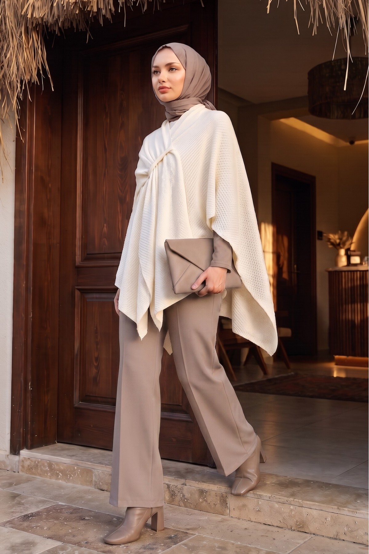Loose Fit Everyday Knitted Poncho -White