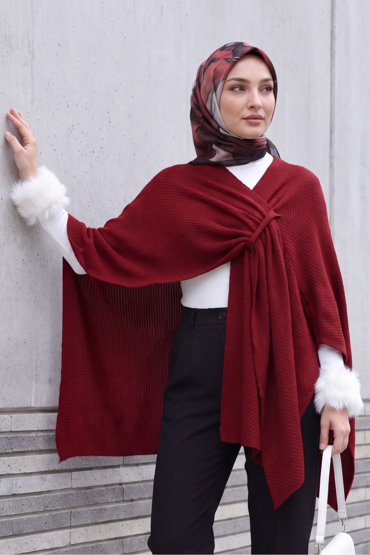 Loose Fit Everyday Knitted Poncho -Maroon