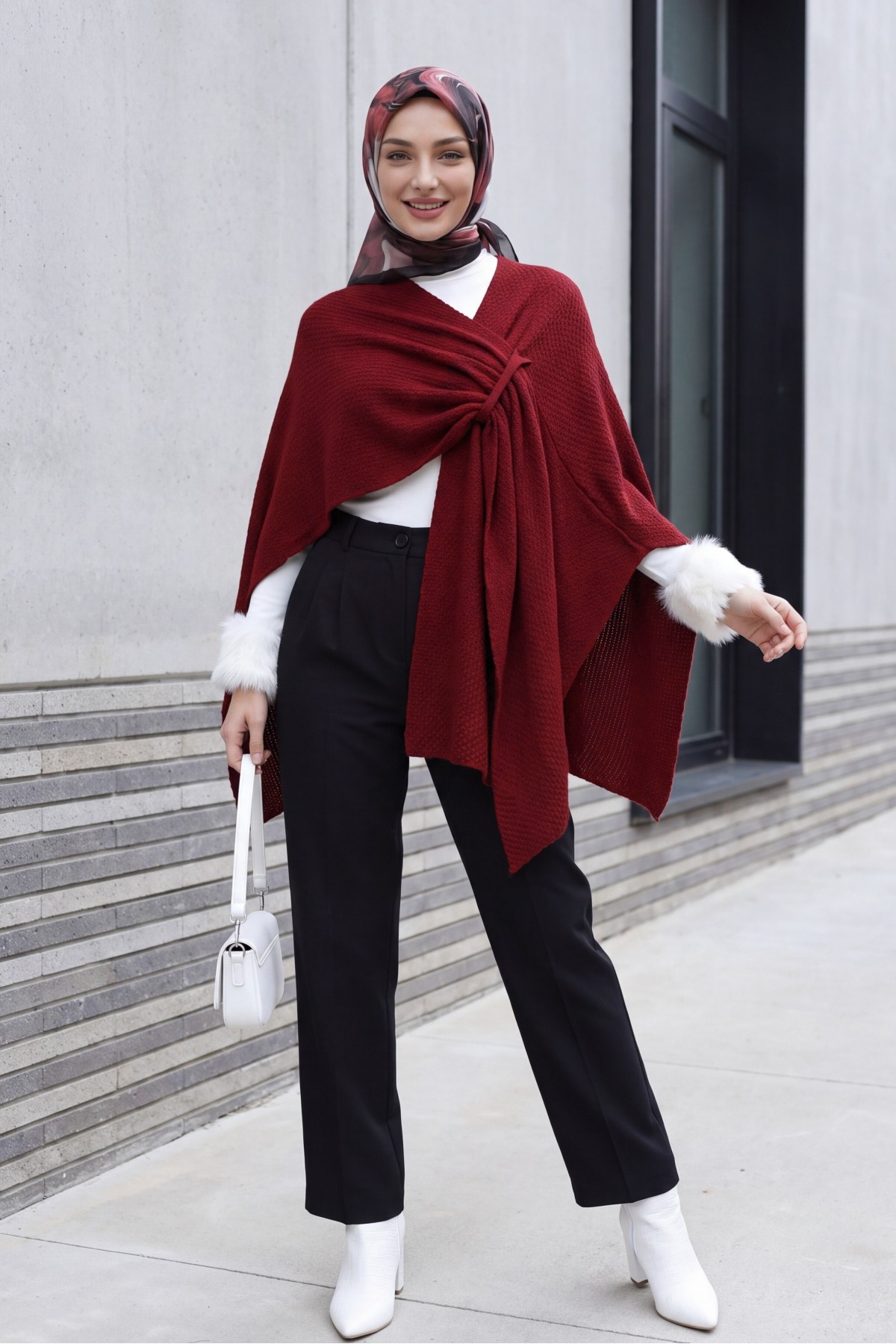 Loose Fit Everyday Knitted Poncho -Maroon