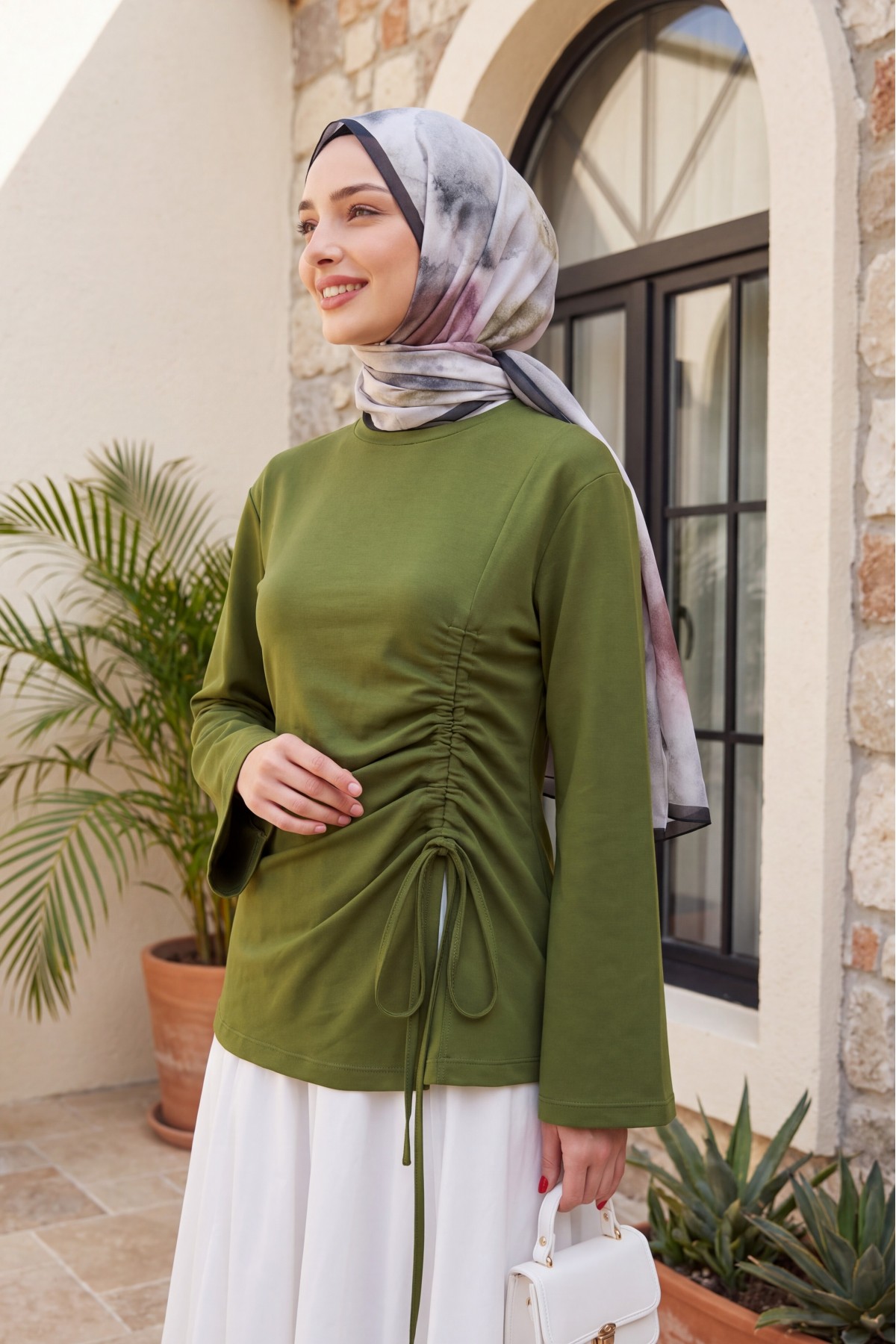 Önü Asimetrik Kesim Bağcık Detaylı Penye Sweat -Haki
