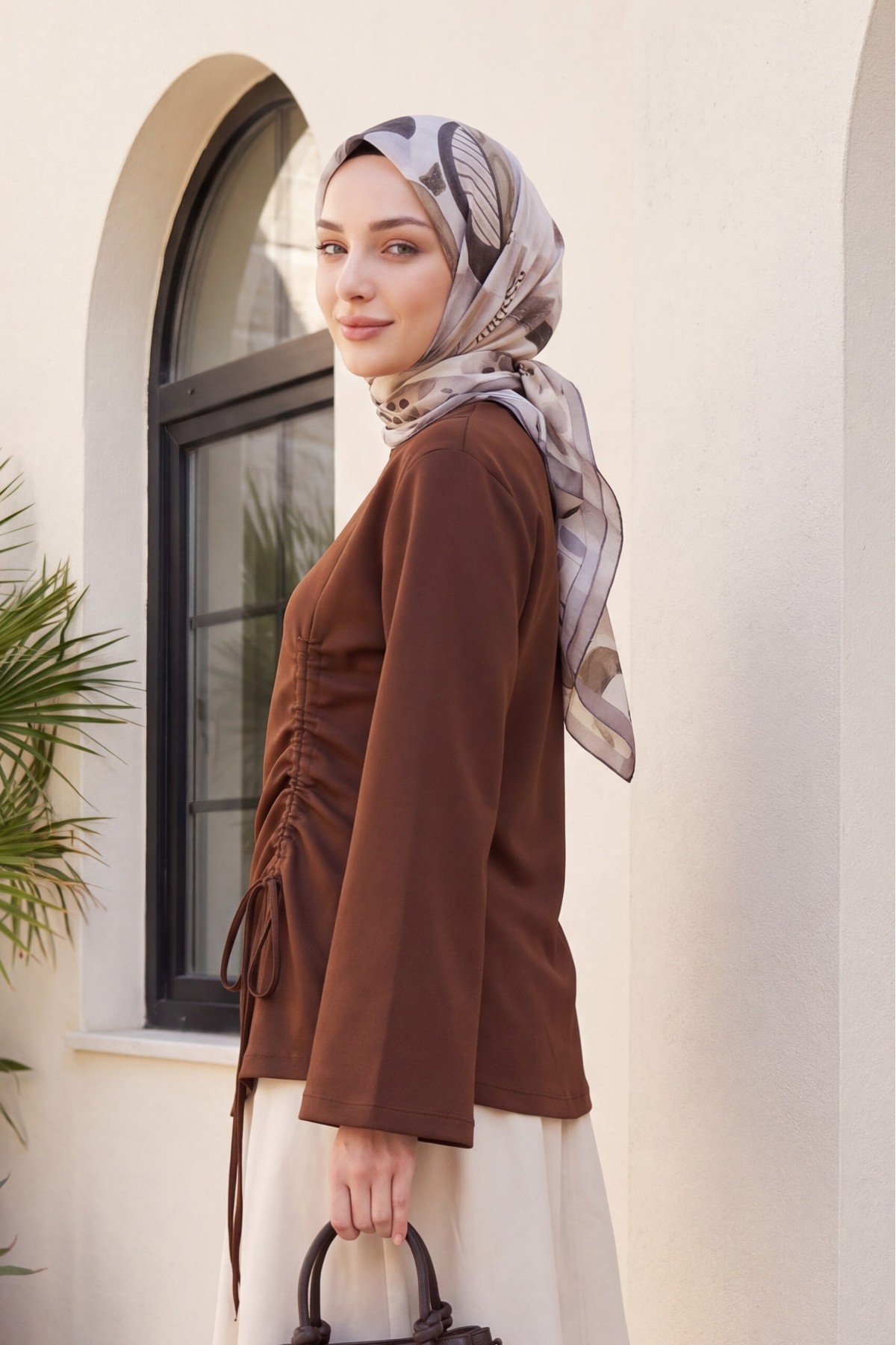 Asymmetrical Front Cut Cotton Sweatshirt with Drawstring Detail -Brown