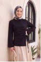 Asymmetrical Front Cut Cotton Sweatshirt with Drawstring Detail -Black