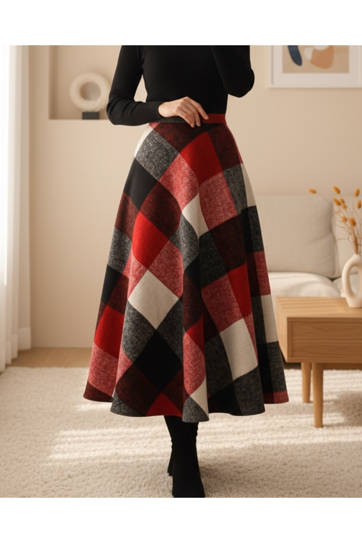 Checkered Flared Winter Cachet Skirt -Red