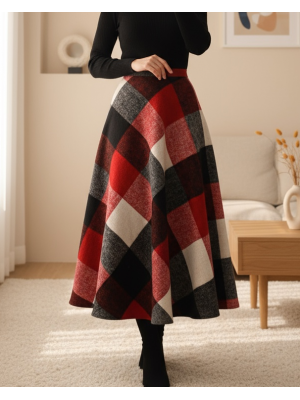 Kareli Kloş Kışlık Kaşe Etek -Kırmızı