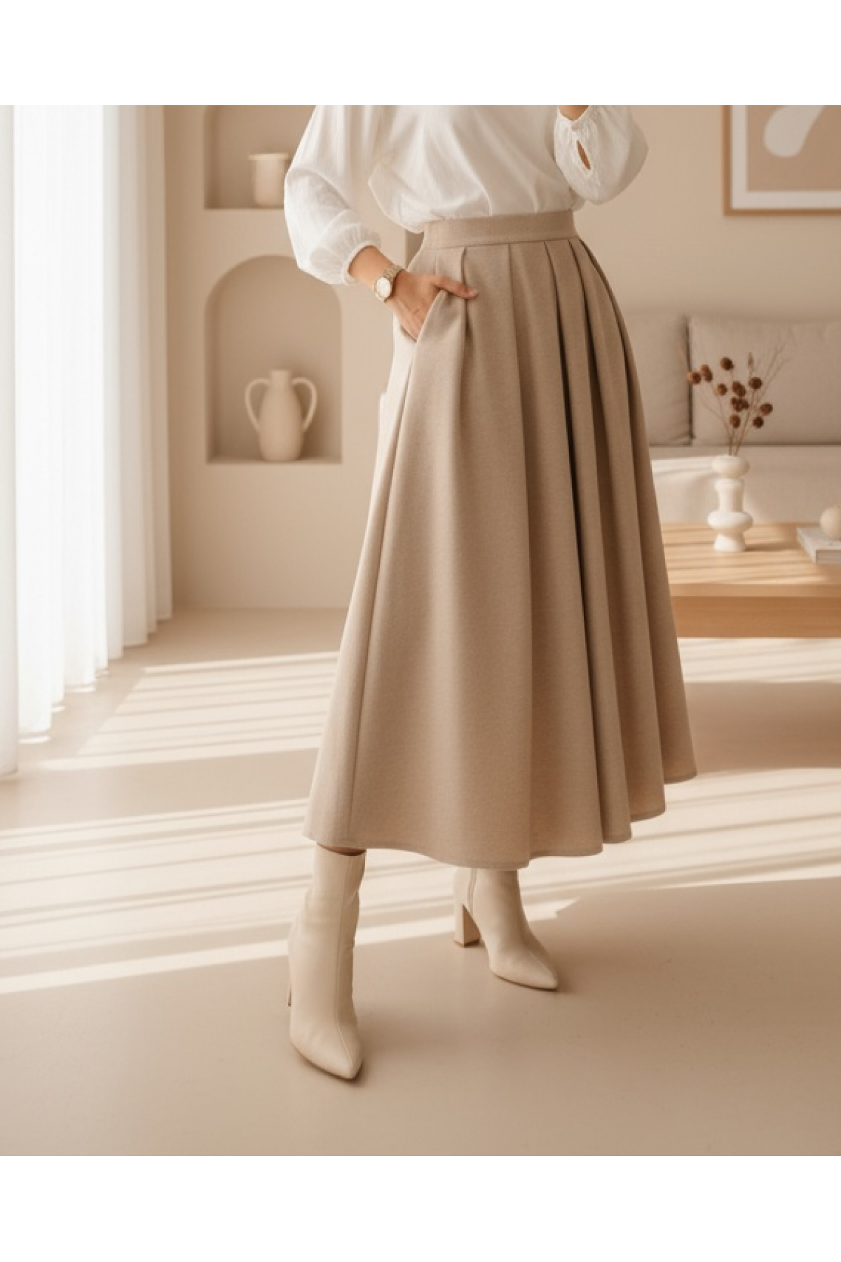 Pleated Stitch Skirt  - Beige