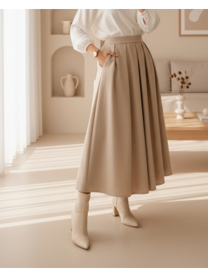 Pileli Kaşe Etek  -Bej