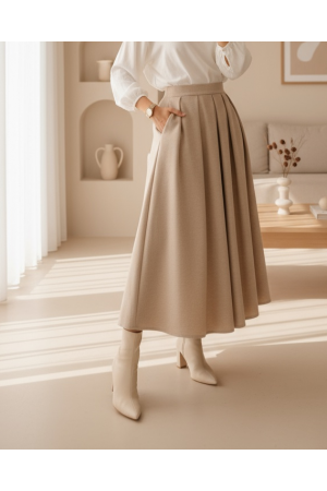 Pileli Kaşe Etek  -Bej