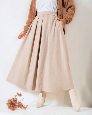 Pileli Kaşe Etek  -Bej