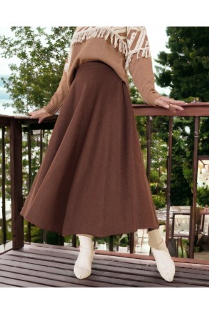 Yanı Fermuarlı Düz Kaşe Etek -Kahve