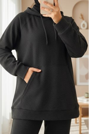 Kapşonlu Kanguru Cepli Fitilli Takım -Antrasit