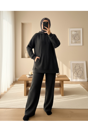 Hooded Kangaroo Pocket Corded Suit -Anthracite