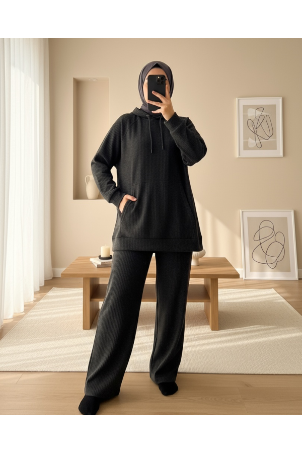 Hooded Kangaroo Pocket Corded Suit -Anthracite