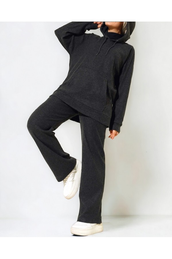 Hooded Kangaroo Pocket Corded Suit -Anthracite