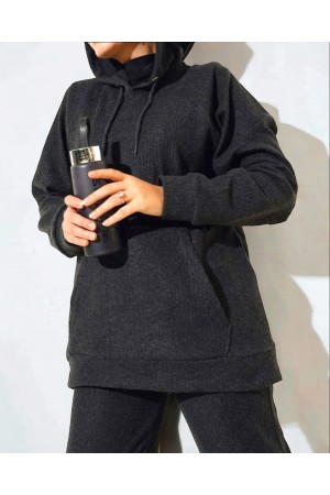 Hooded Kangaroo Pocket Corded Suit -Anthracite