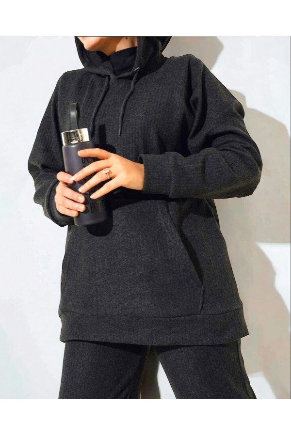 Hooded Kangaroo Pocket Corded Suit -Anthracite