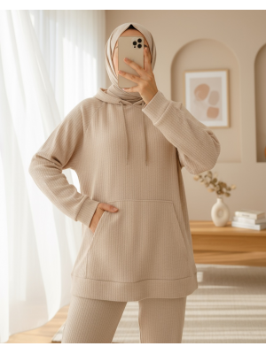 Kapşonlu Kanguru Cepli Fitilli Takım -Bej