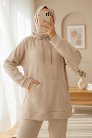 Kapşonlu Kanguru Cepli Fitilli Takım -Bej