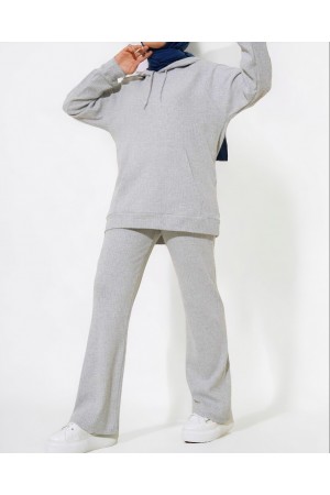 Kapşonlu Kanguru Cepli Fitilli Takım -Gri