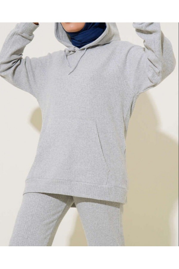 Hooded Kangaroo Pocket Corded Suit -Grey