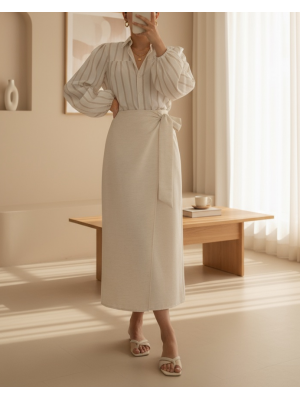 Önü Çift Kat Yandan Bağlamalı Keten Etek -Taş