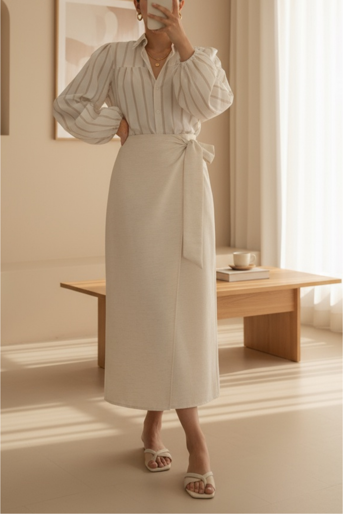 Double Front Side Tie Linen Skirt -Stone
