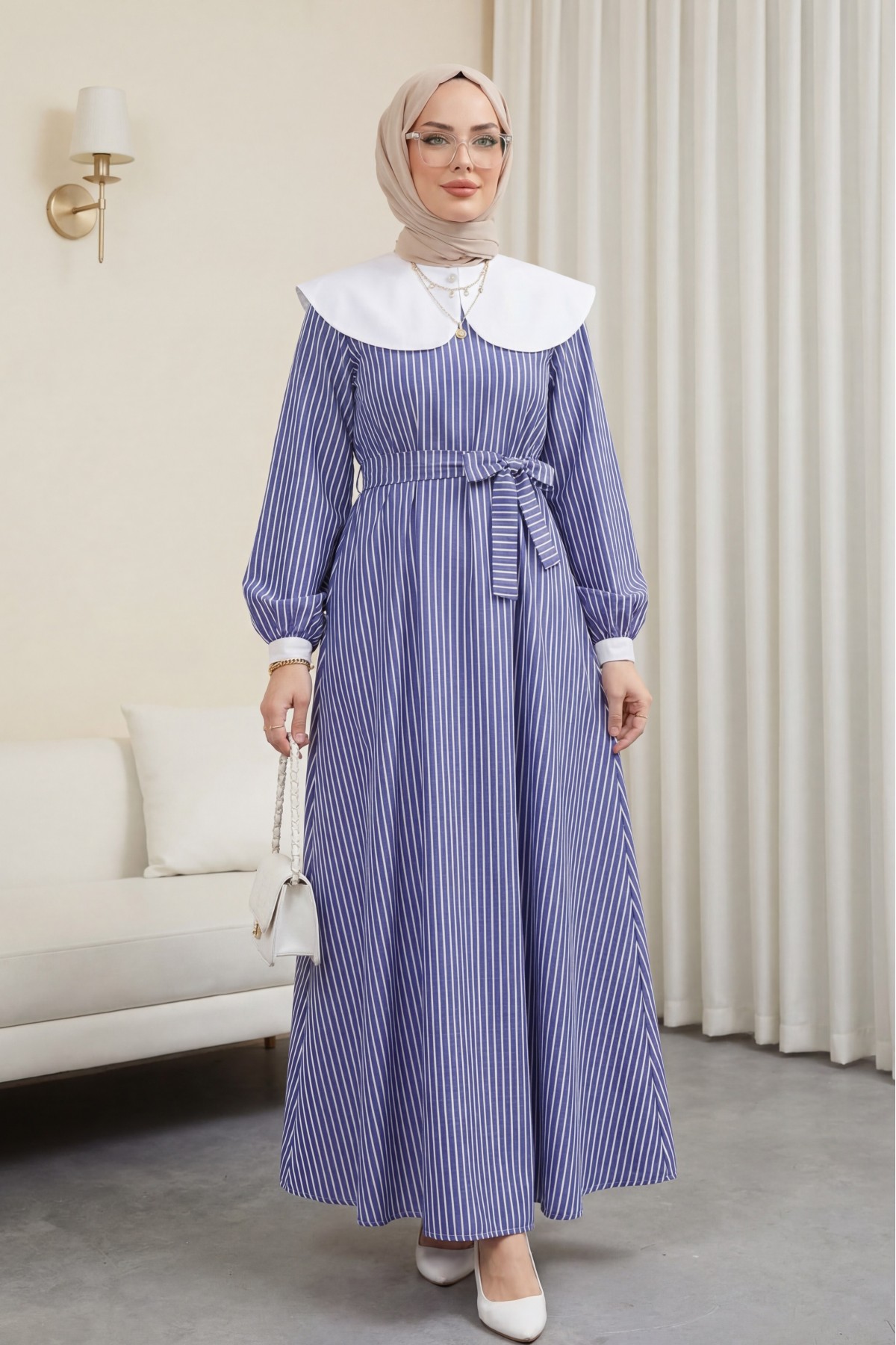 Baby Collar Striped Long Dress with Elastic Waist -Navy blue
