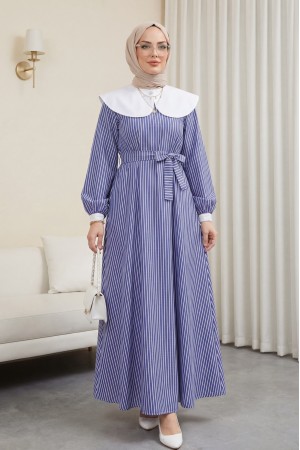 Bebe Yaka Çizgili Beli Lastikli Uzun Elbise -Laci