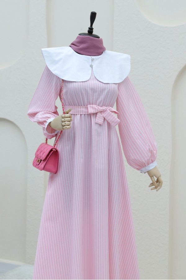 Baby Collar Striped Long Dress with Elastic Waist -Pink