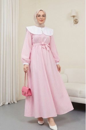 Bebe Yaka Çizgili Beli Lastikli Uzun Elbise -Pembe