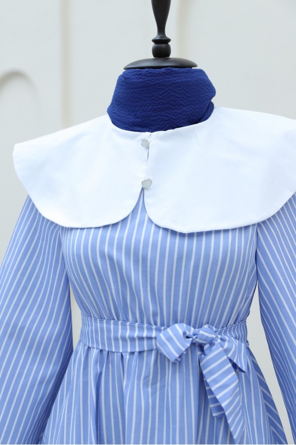 Baby Collar Striped Long Dress with Elastic Waist  -Blue