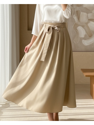 Beli Bağcıklı Pliseli Bondit Etek -Bej