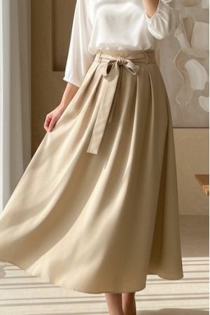 Beli Bağcıklı Pliseli Bondit Etek -Bej