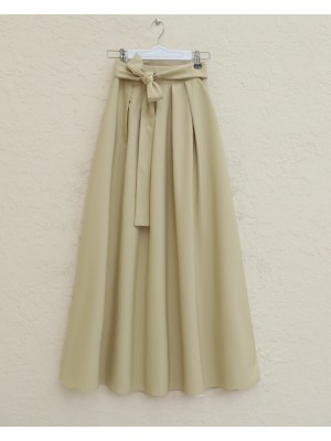 Beli Bağcıklı Pliseli Bondit Etek -Bej