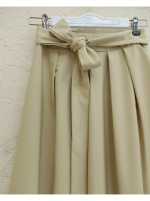 Beli Bağcıklı Pliseli Bondit Etek -Bej