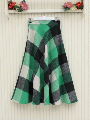 Kareli Kloş Kışlık Kaşe Etek   -Yeşil