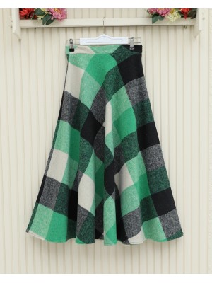 Kareli Kloş Kışlık Kaşe Etek   -Yeşil