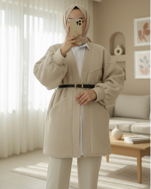 Cepli Balon Kol Oversize Buklet Ceket -Taş