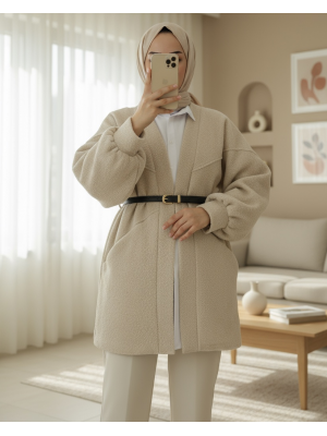 Pocket Balloon Sleeve Oversize Boucle Jacket -Stone