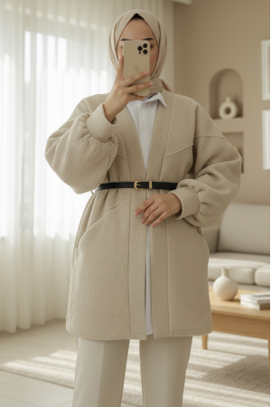 Pocket Balloon Sleeve Oversize Boucle Jacket -Stone