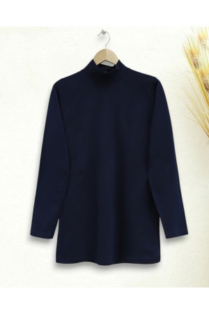 Half Turtleneck Long Sleeve Blouse  -Navy blue