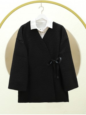 Side Tie Boucle Kimono -Black