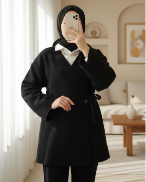 Side Tie Boucle Kimono -Black